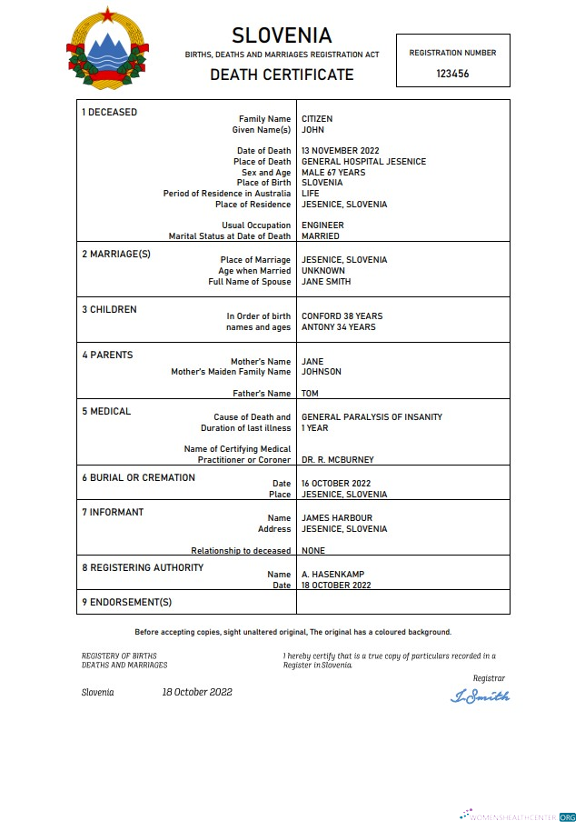 Download Slovenia vital record death certificate Word and PDF template Photoshop template